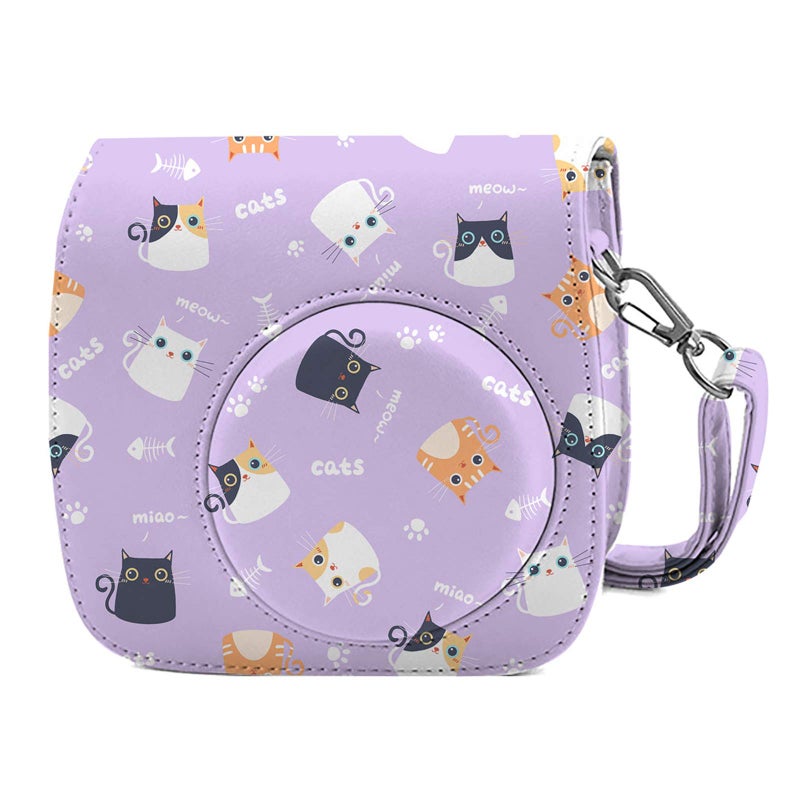 Phetium Instant mini 12 Camera Protective Case Compatible with Instax Mini 12 11,PU Leather Bag with Pocket and Adjustable Shoulder Strap (Purple Cat) - Image 1